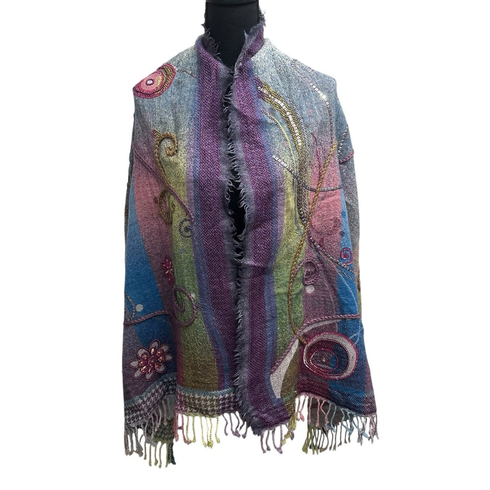 Ahujasons 100% Wool Multicolored Scarf Shawl 25"x72" Beaded Embroidered